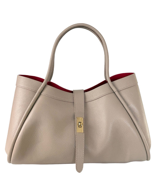 Luxury Leather Tote Bag – Taupe with Red Interior